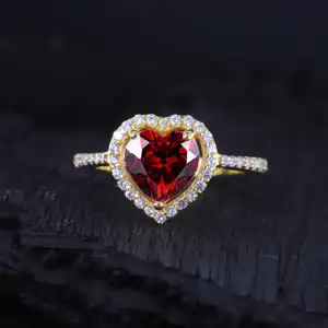 Mooie Halfedelsteen Valentijn Cadeau Granaat Hartvorm Bruids Massief Zilver Halo Kubieke Zirkonia Verloving Bruiloft Ri