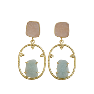 Boucles d'oreilles pendantes en amazonite et quartz rose plaquées or 24 carats pour femmes - Product Image 1