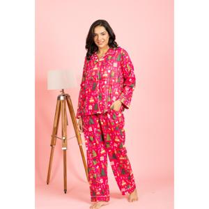 Conjunto de Pijama Corto Rosa Intenso para Navidad, Tejido Elástico de Spandex, Cintura Elástica, Transpirable, Estampado Térmico de Dibujos Animados, Talla XS para Invierno y Verano - Product Image 1