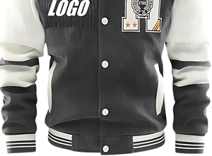 Veste universitaire en toile personnalisée avec logo, durable, respirante, coupe bomber tendance, manches en PU, fermeture à boutons pression sur le devant - Product Image 2