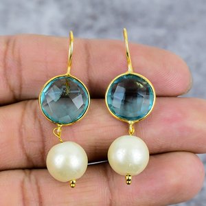 Boucles d'oreilles en argent sterling 925 avec topaze bleue et perle Boucles d'oreilles en fil plaqué or Cadeau de mariage à la mode pour les femmes - Product Image 2