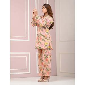 Conjunto de Verano para Mujer, de Algodón, Color Durazno y Azul, Estampado, Talla XS (XXS)-XS (XXS), Top con Botones Decorativos y Pantalones Cortos de 2 Piezas - Product Image 4