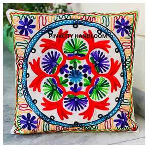 Handmade Bohemian Square Pillowcase Multicolored Cotton <b>Cushion</b> Cover Floral Embroidery Vintage <b>Indian</b> Home Decor Woven - Product Image 1