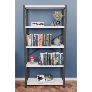 Bibliothèque en métal blanc design industriel 5 étagères en bois MDF étagère décorative pour bureau à domicile salon chambre à manger - Product Image 4