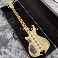 Guitare basse électrique 5 cordes style Alem personnalisée avec touche en ébène, table en érable burst d'usine, manche traversant le corps, avec étui rigide