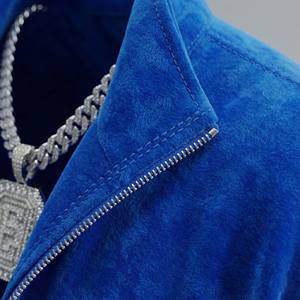 Ensemble de survêtement deux pièces en velours bleu roi pour homme, avec bas évasé, orné de cristaux, fermeture à cordon, imprimé uni, vente en gros - Product Image 4