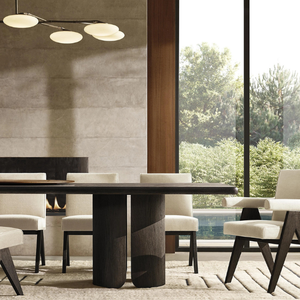 Table de salle à manger longue rectangulaire en bois de teck Base à double piédestal - Product Image 4