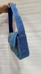 blue beaded palm tree shoulder bag Indian fully handcrafted women tropical evening <b>handbag</b> luxury party designer clutch purse - Product Image 4