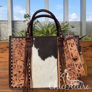 Bolsos de mano de cuero para mujer de moda occidental, bolso de mano con borlas florales de piel de vaca con logotipo personalizado, transporte oculto para uso diario - Product Image 1