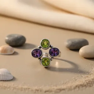 Art Palace 925 <b>Silver</b> Cluster <b>Ring</b> with <b>Amethyst</b> and Peridot Gemstones Bezel Setting Vintage Style Women's Jewelry - Product Image 3