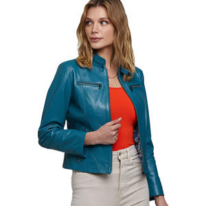 Veste en cuir pour femmes de style rock, bleu personnalisé, veste de motard, étiquette privée, logo personnalisé, longueur standard, respirante, imperméable - Product Image 3