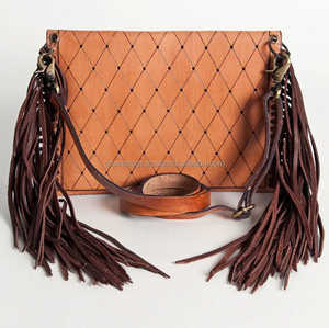 Vente chaude Western Vintage Cross-Shape Sac à main en cuir véritable avec sangle réglable Zipper Canvas Tassel SFlower-Tooled Design - Product Image 3