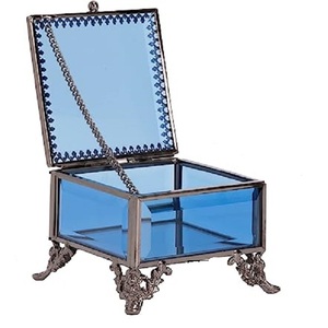 Boîte de rangement de bijoux en verre bleu de conception moderne avec cadre noir Boîte de rangement de souvenir de kit de maquillage de boucle d'oreille de collier de filles adultes - Product Image 1