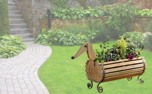 Maceta de jardín con forma de Dachshund de madera única y soporte decorativo de metal negro de Vietnam - Product Image 5
