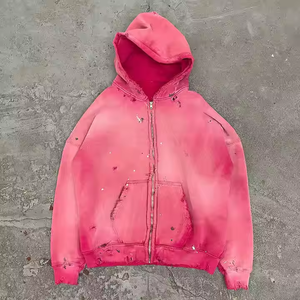 Custom Streetwear Mujeres Hombres 500 GSM Peso Pesado Oversized Blank Pink Acid Wash Vintage Ripped Hole Distressed Zip Up Hoodie - Product Image 1