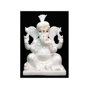 Statue de Ganesh en marbre Makrana blanc pur, position assise, surface lisse et brillante, idéale pour un cadeau d'affaires. - Product Image 1