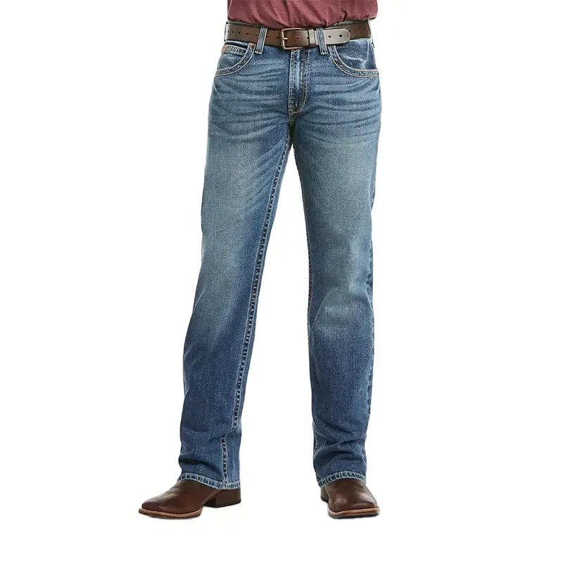 Celana panjang Denim pria, celana panjang Denim pria baru Barat Midrise regang rendah lurus pas Boot Cut Jeans koboi