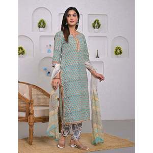 Conjunto de pantalón y kurta de algodón informal de verano, color verde marino, estampado en bloques, para mayor comodidad y estilo. - Product Image 3