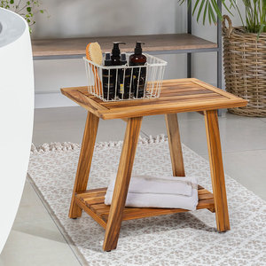 Étagères de salle de bain autoportantes en bois de teck massif à deux niveaux Fournitures de bain et de toilette - Product Image 1