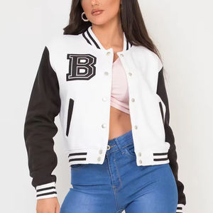 2024 nueva llegada primavera Streetwear mujer Crop Top chaqueta de carreras Patchwork recortado Pu cuero Varsity Letterman chaqueta - Product Image 4
