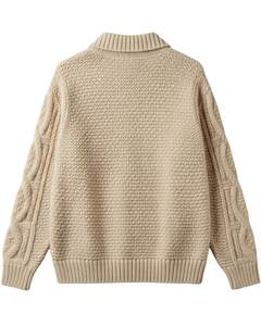 Manufacturer Mens <b>Cable</b> <b>Knit</b> Polo <b>Sweater</b> Long Sleeve Button Neck Casual Winter Pullover Top In Beige For Wholesale Bulk Order - Product Image 6
