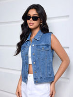 Jaket Denim Rajut Tanpa Lengan Wanita Model Kustom dengan Kantong, Finishing Fashion-Washed, Gaya Kasual untuk Wanita Muda, Tahan Angin dan Bernapas