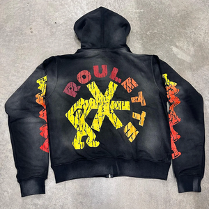 Fabricante personalizado recortado cremallera-Up 100% algodón invierno 500gsm peso pesado Vintage ácido lavado sin cuerda bolsillo Serigrafía - Product Image 2