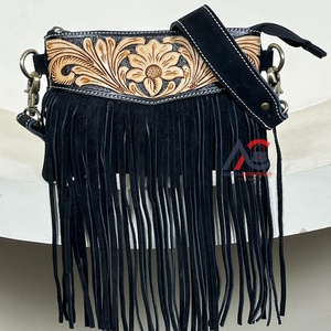 Western Style Hand-Tooled Suede Leather Fringe Underarm Bag Boho Cowgirl Small Shoulder Purse Custom Design Messenger Handbags - Product Image 1