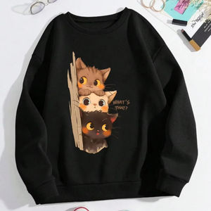 เสื้อฮู้ดผู้หญิงลายแมวน้อยสามตัวแอบดูคุณพิมพ์ลายเสื้อสวมหัวแนวสตรีททรงหลวมเสื้อผ้าฤดูหนาวแบบสปอร์ต - Product Image 1