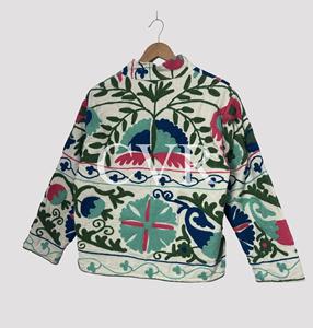 Bohemian Floral Embroidered Cotton Jacket Mandarin Collar Three Quarter Sleeve Plus Size Women's Outerwear Spring Casual Style - Product Image 3