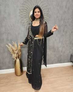 FANTAISIE VÊTEMENTS DE SOIRÉE GEORGETTE LEHENGA SAREE AVEC CHEMISIER ET BANDOULIÈRE - Product Image 3