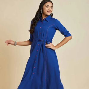 Vestido de viscosa vintage casual con bordado sólido, corte en A, estilo regular, cuello vuelto, mangas 3/4, trabajo de hilo, largo hasta la rodilla y dobladillo acampanado. - Product Image 1