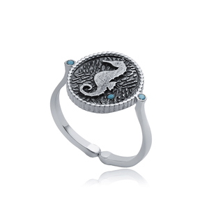 แหวนเงินแท้ 925 ชุบทอง ดีไซน์โบราณ ประดับพลอยเทอร์ควอยซ์และเพชร CZ รูปม้าน้ำ ปรับขนาดได้ งานแฮนด์เมดจากตุรกี เหมาะสำหรับงานแต่งงานและงานปาร์ตี้ - Product Image 5