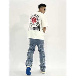 กางเกงยีนส์ขาดแบบวินเทจสำหรับผู้ชายกางเกงยีนส์ทรงตรงขาสั้นสีเทา - Product Image 2