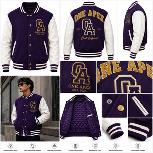 ONEAPEX Custom Purple Premium Wool Body <b>White</b> Leather Sleeves Chenille Hooded Breathable V-neck Collar Letterman <b>Jacket</b> OEM ODM - Product Image 4