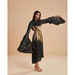 Vestido largo de mujer con manga corta, estampado tie-dye degradado, cinturón, elegante, casual, para fiesta, cintura natural - Product Image 3