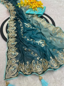 Sari indio de fiesta, elegante, con estampado floral, de organza bordada, con blusa, listo para usar, el más vendido al por mayor para mujer - Product Image 2