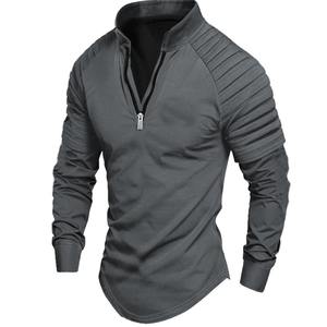 Camisa POLO de manga larga para hombre, estilo callejero para exteriores, para primavera y otoño, Color sólido, cremallera, brazo, diseño arrugado, 100% algodón - Product Image 1