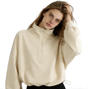 Sudadera de Cuello Alto para <span class=keywords><strong>Mujer</strong></span>, Media Cremallera, Puño con Cordón, Manga Larga, Ajuste Holgado, Color Borgoña Casual - Product Image 3