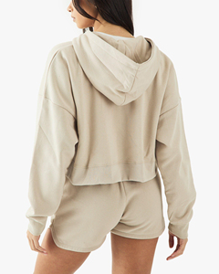 ชุดกางเกงขาสั้นลำลองสำหรับผู้หญิงมาใหม่ชุดกางเกงขาสั้นผ้าฝ้าย100% มีฮู้ดปรับแต่งโลโก้ได้สีล้วนแบบซิป - Product Image 2