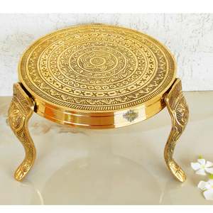 Handmade Traditional Style 3-<b>Step</b> Round Brass Nakasi Chowki for Poojan Temple Home Use for Diwali Occasions - Product Image 1
