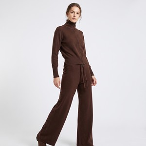 Conjunto de punto acanalado: Cárdigan con cremallera y cuello alto, pantalones acanalados de pierna ancha con cintura con cordón; Talla única, compatible con tallas 38-44 - Product Image 1