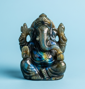 รูปปั้นพระพิฆเนศแกะสลักด้วยมือของขวัญธุรกิจลาบราดอไรต์คริสตัลบำบัดกึ่งมีค่าจากอินเดีย - Product Image 4