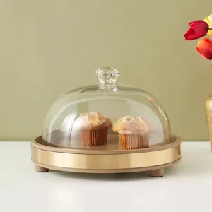 โดมขนมทำจากไม้ทรงกลมหรูหราพร้อมฝาแก้วขอบโลหะฝาครอบอาหารคุณภาพดี - Product Image 4