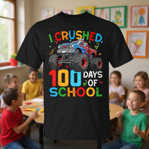 Felice 100° Giorno di Scuola - T-shirt con Design Monster Truck per 100 Giorni di Scuola, Abbigliamento Promozionale - Product Image 3