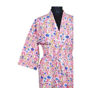 Bata de Baño Hecha a Mano 100% Algodón para Mujer, Estampado Floral Indio, Cuello en V, Cierre con Cordón, Mangas Largas, Largo Completo - Product Image 4