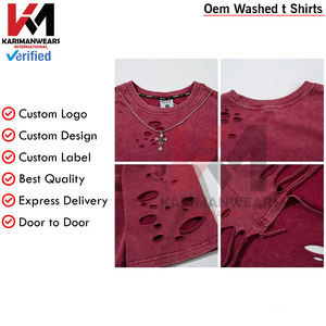 Nouveaux t-shirts rétro en détresse Style Harajuku coupe ample chemise à col déchiré Look Vintage tenue décontracté t-shirts fabricant d'usine - Product Image 5