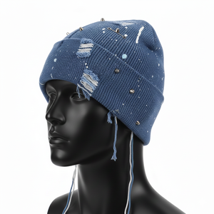 Bonnet en tricot de haute qualité, bleu, design délavé, logo brodé personnalisé, clous métalliques, bonnet en jacquard tendance - Product Image 3