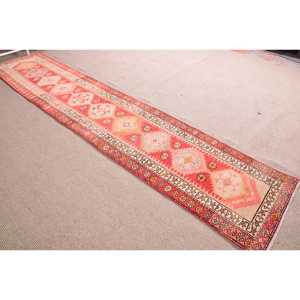 2.4x12.6 ft Turkish Rug, Vintage <b>Runner</b> Rug, <b>Red</b> White Geometric Wool Rug - Product Image 3