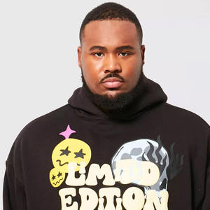 <b>Men's</b> Oversized Hooded Sweatshirt Cartoon Print Streetwear <b>Black</b> Cotton French Terry Regular Fit Front Logo Autumn Style - Product Image 3